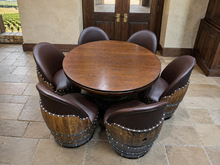 Load image into Gallery viewer, Whiskey &amp; Wine Barrel Game Table Set — Poker Top and Dining Top Included, 6 Chairs