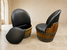 Load image into Gallery viewer, Whiskey &amp; Wine Barrel Lounge Chair — Hidden Storage, Memory Foam, Black Upholstery