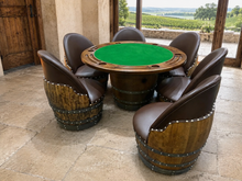 Load image into Gallery viewer, Whiskey &amp; Wine Barrel Game Table Set — Poker Top and Dining Top Included, 6 Chairs