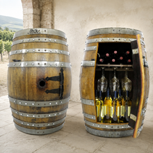 Load image into Gallery viewer, Whiskey &amp; Wine Barrel Display Cabinet — Stemware Shelf, Door Storage