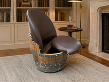 Load image into Gallery viewer, Whiskey &amp; Wine Barrel Armchair with Hidden Safe — Memory Foam, Brown Upholstery