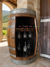 Load image into Gallery viewer, Whiskey &amp; Wine Barrel Display Cabinet — Stemware Shelf, Door Storage