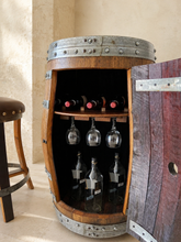 Load image into Gallery viewer, Whiskey &amp; Wine Barrel Multi-Use Bar — Display Cabinet, Stemware Shelf
