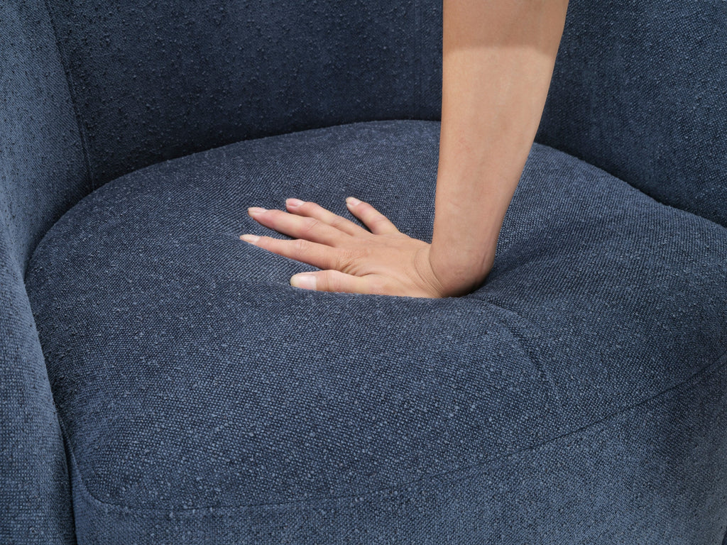 Blue Bouclé Swivel Barrel Chair – Luxury Modern Accent Chair with 360° Metal Base