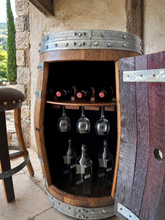 Load image into Gallery viewer, Whiskey &amp; Wine Barrel Display Cabinet — Stemware Shelf, Door Storage