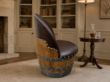 Load image into Gallery viewer, Whiskey &amp; Wine Barrel Armchair with Hidden Safe — Memory Foam, Brown Upholstery