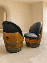 Load image into Gallery viewer, Whiskey &amp; Wine Barrel Lounge Chair — Hidden Storage, Memory Foam, Black Upholstery