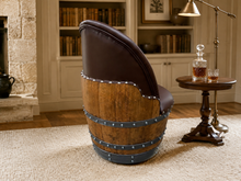 Load image into Gallery viewer, Whiskey &amp; Wine Barrel Armchair with Hidden Safe — Memory Foam, Brown Upholstery