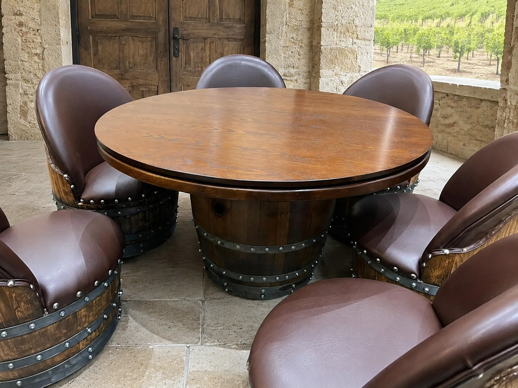 Whiskey & Wine Barrel Game Table Set — Poker Top and Dining Top Included, 6 Chairs