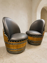 Load image into Gallery viewer, Whiskey &amp; Wine Barrel Lounge Chair — Hidden Storage, Memory Foam, Black Upholstery