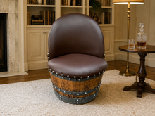 Load image into Gallery viewer, Whiskey &amp; Wine Barrel Armchair with Hidden Safe — Memory Foam, Brown Upholstery
