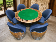 Load image into Gallery viewer, Whiskey &amp; Wine Barrel Game Table Set — Poker Top and Dining Top Included, 6 Chairs