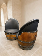 Load image into Gallery viewer, Whiskey &amp; Wine Barrel Lounge Chair — Hidden Storage, Memory Foam, Black Upholstery