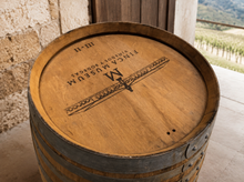Load image into Gallery viewer, Whiskey &amp; Wine Barrel Display Cabinet — Stemware Shelf, Door Storage