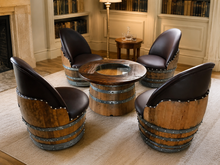 Load image into Gallery viewer, Whiskey &amp; Wine Barrel Armchair with Hidden Safe — Memory Foam, Brown Upholstery