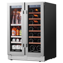 Load image into Gallery viewer, 24 Inch Wine and Beverage Refrigerator, Hold 60 Cans and 21 Bottles Dual Zone Wine Fridge with Glass French Door, Built-In or Freestanding
