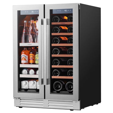 24 Inch Wine and Beverage Refrigerator, Hold 60 Cans and 21 Bottles Dual Zone Wine Fridge with Glass French Door, Built-In or Freestanding