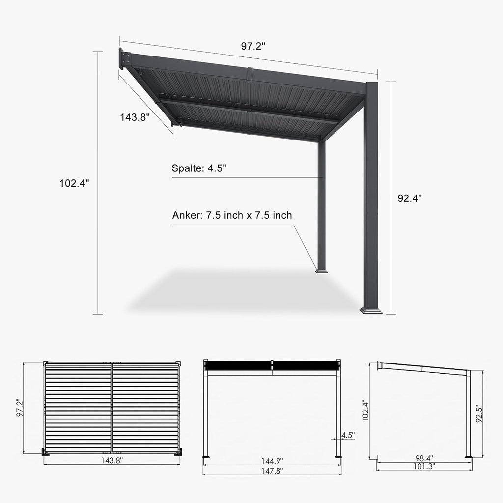 8 x 12 FT Wall-Mounted Aluminum Louvered Pergola