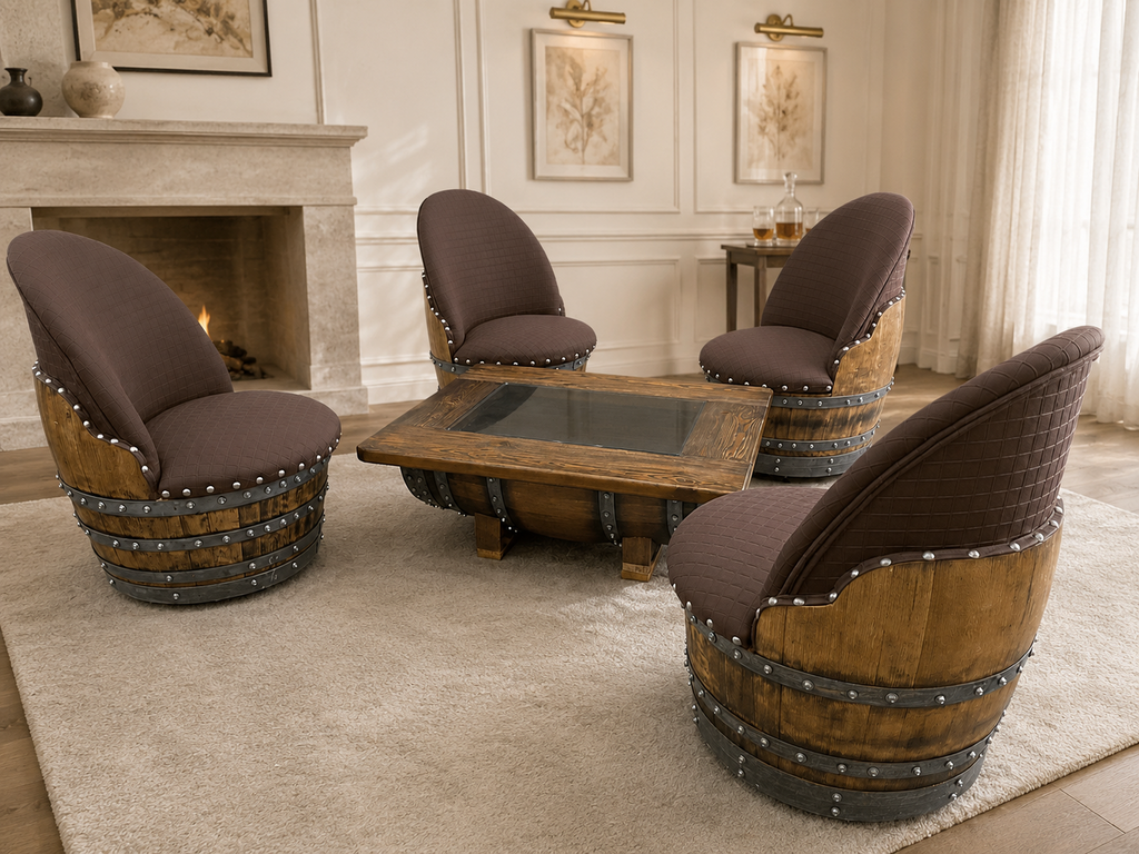 Whiskey & Wine Barrel Coffee Table Set — 4 Chairs