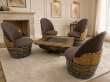 Load image into Gallery viewer, Whiskey &amp; Wine Barrel Coffee Table Set — 4 Chairs