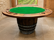 Load image into Gallery viewer, Whiskey &amp; Wine Barrel Game Table Set — Poker Top and Dining Top Included, 6 Chairs