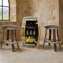 Load image into Gallery viewer, Whiskey &amp; Wine Barrel Display Cabinet — Stemware Shelf, Door Storage