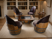 Load image into Gallery viewer, Whiskey &amp; Wine Barrel Armchair with Hidden Safe — Memory Foam, Brown Upholstery
