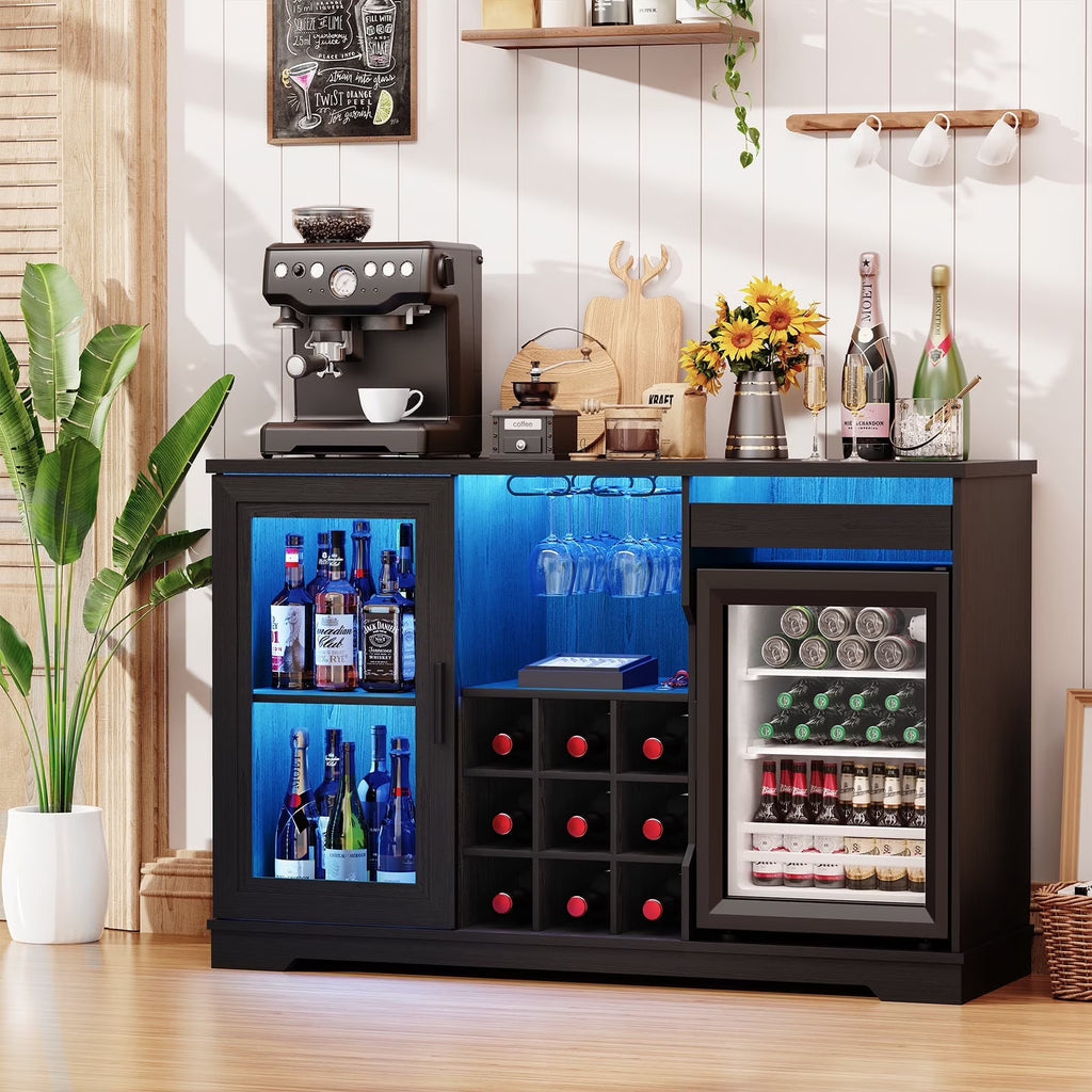 Wine Bar Cabinet with LED Lights & Fridge(Lncluded), Mini Fridge Cabinet with Wine Storage, Human Body Sensor, Sideboard Buffet for Kitchen Dining Room, Black