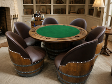 Load image into Gallery viewer, Whiskey &amp; Wine Barrel Armchair with Hidden Safe — Memory Foam, Brown Upholstery