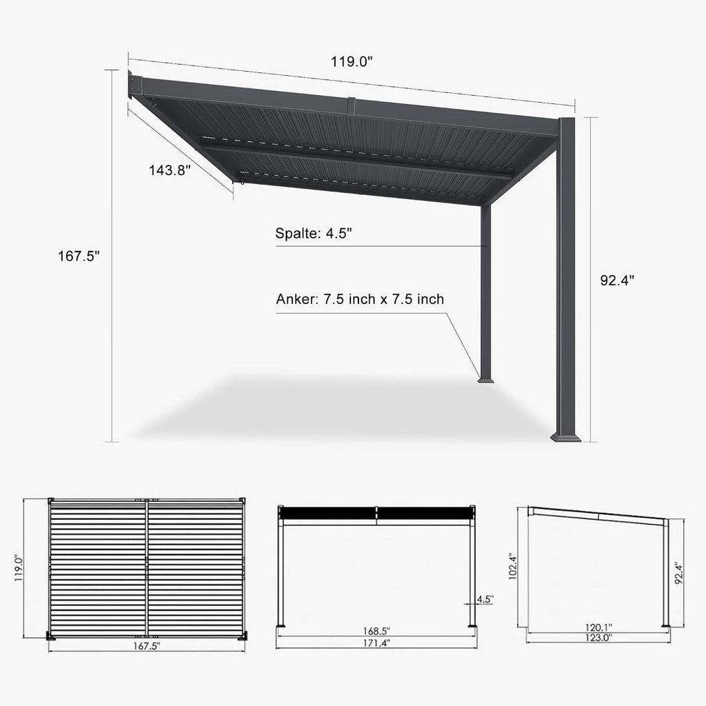 10 x 14 FT Wall-Mounted Aluminum Louvered Pergola