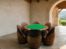 Load image into Gallery viewer, Whiskey &amp; Wine Barrel Game Table Set — Poker Top and Dining Top Included, 6 Chairs