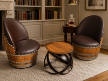 Load image into Gallery viewer, Whiskey &amp; Wine Barrel Armchair with Hidden Safe — Memory Foam, Brown Upholstery