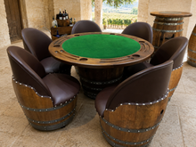 Load image into Gallery viewer, Whiskey &amp; Wine Barrel Game Table Set — Poker Top and Dining Top Included, 6 Chairs