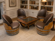 Load image into Gallery viewer, Whiskey &amp; Wine Barrel Armchair with Hidden Safe — Memory Foam, Brown Upholstery