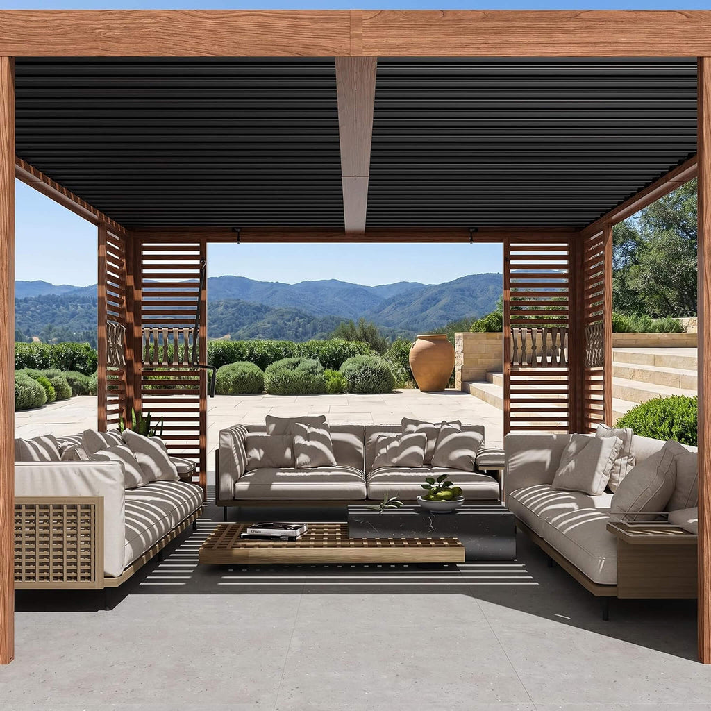 12 x 12 FT Wood Grain Aluminum Louvered Pergola with Adjustable Roof