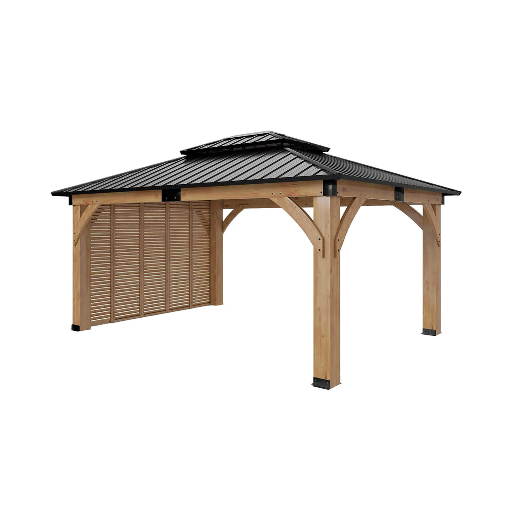 12 x 14 FT Double-Tier Hardtop Spruce Wood Gazebo with Privacy Wall