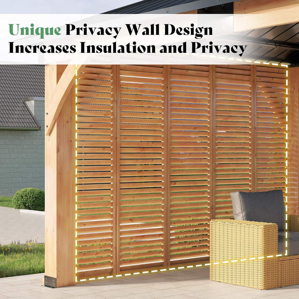 12 x 14 FT Double-Tier Hardtop Spruce Wood Gazebo with Privacy Wall