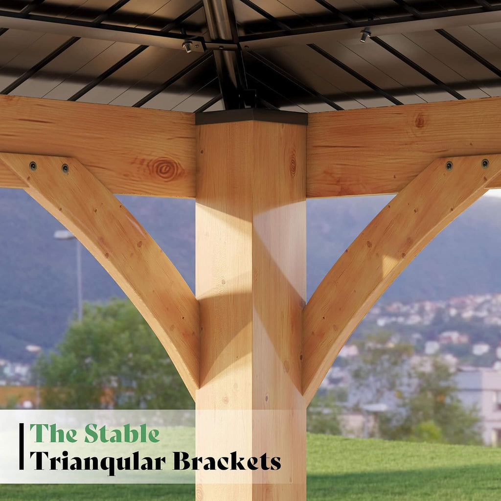 12 x 14 FT Double-Tier Hardtop Spruce Wood Gazebo with Privacy Wall