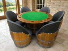 Load image into Gallery viewer, Whiskey &amp; Wine Barrel Game Table Set — Poker Top and Dining Top Included, 6 Chairs