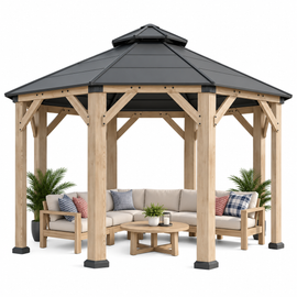 13 x 13 FT Cedar Wood Octagonal Hardtop Gazebo with Double Roof