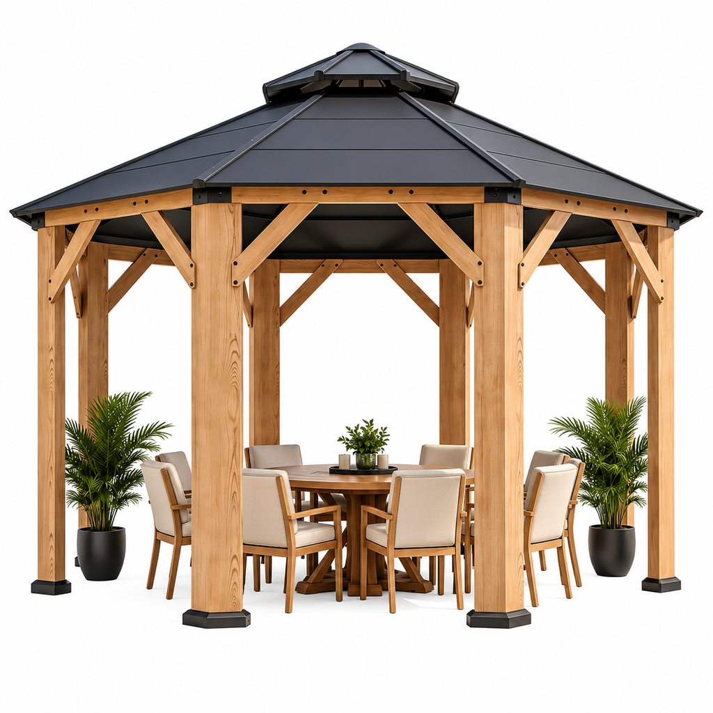 13 x 13 FT Octagonal Cedar Wood Hardtop Gazebo with Double Roof