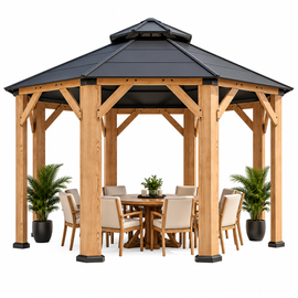 13 x 13 FT Octagonal Cedar Wood Hardtop Gazebo with Double Roof