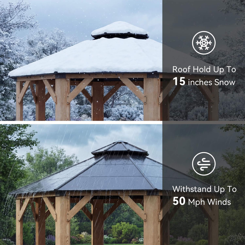 13 x 13 FT Cedar Wood Octagonal Hardtop Gazebo with Double Roof