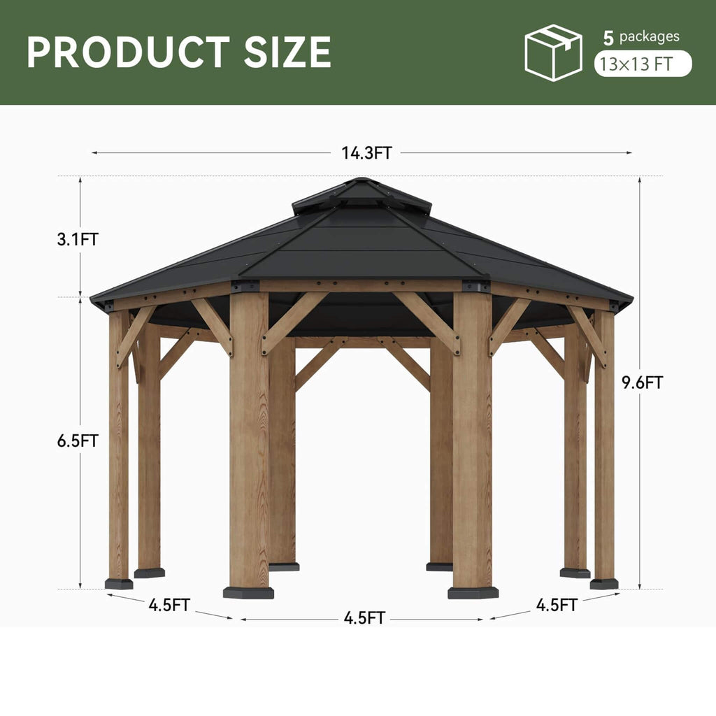 13 x 13 FT Octagonal Cedar Wood Hardtop Gazebo with Double Roof
