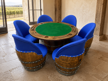 Load image into Gallery viewer, Whiskey &amp; Wine Barrel Game Table Set — Poker Top and Dining Top Included, 6 Chairs