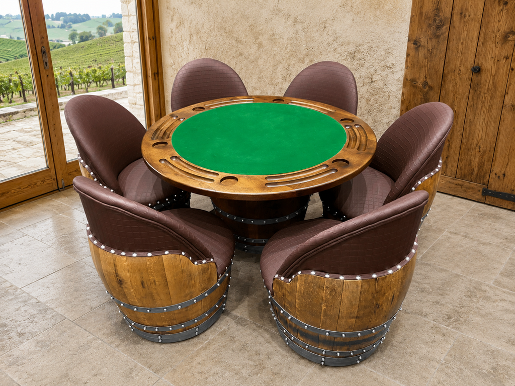 Whiskey & Wine Barrel Game Table Set — Poker Top and Dining Top Included, 6 Chairs