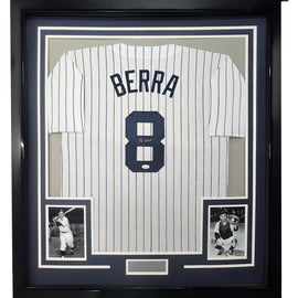 Yogi Berra Signed New York Yankees Jersey – 35 x 39 Inch Framed Display with JSA COA