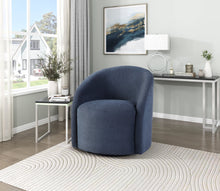 Load image into Gallery viewer, Blue Bouclé Swivel Barrel Chair – Luxury Modern Accent Chair with 360° Metal Base