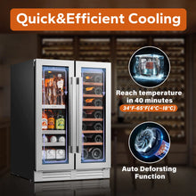 Load image into Gallery viewer, 24 Inch Wine and Beverage Refrigerator, Hold 60 Cans and 21 Bottles Dual Zone Wine Fridge with Glass French Door, Built-In or Freestanding