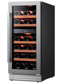 15 Inch Wine Fridge, 28 Bottle Dual Zone Wine Cooler Refrigerator with Glass Door for Home/Office, Built-In & Freestanding